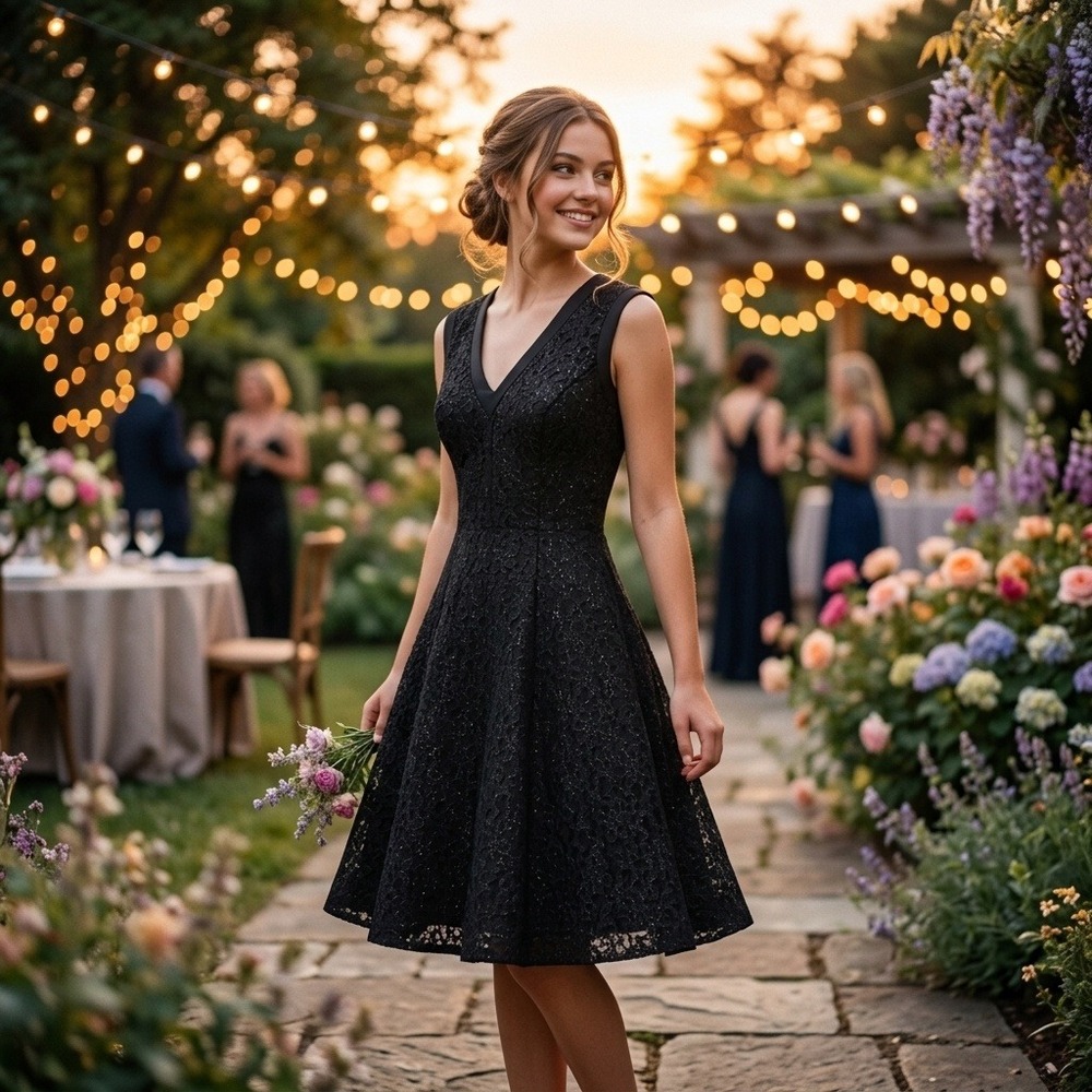 ABS Allen Schwartz Black Lace V-Neck Fit and Flare Cocktail Dress Size 0